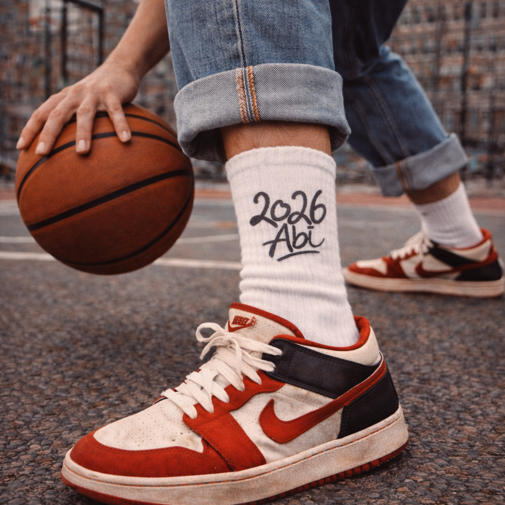 Weiße Tennissocken mit ABI 2026 Print - clean, urban und ready für Deinen Abschluss.